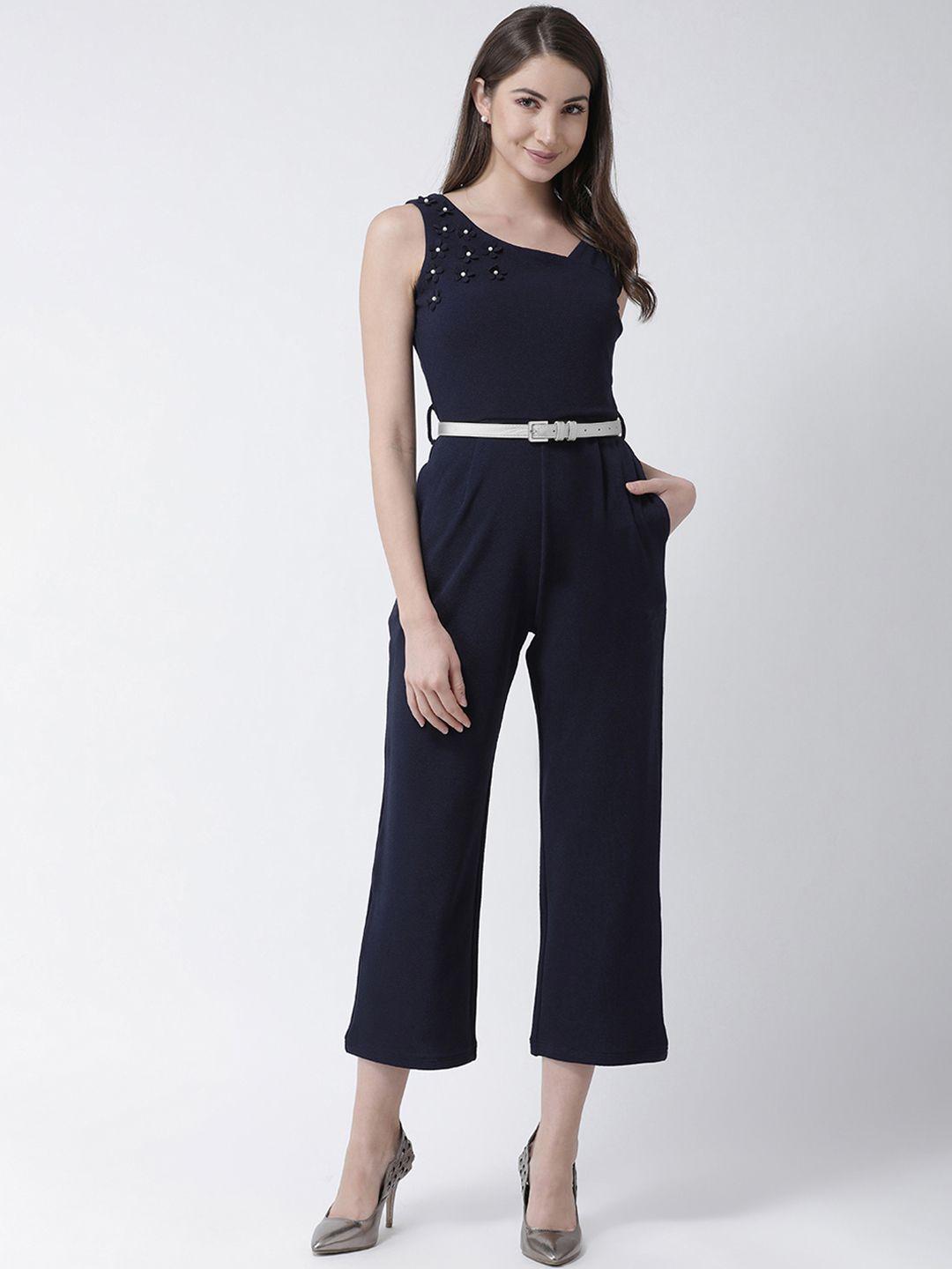 kassually women navy blue solid basic jumpsuit