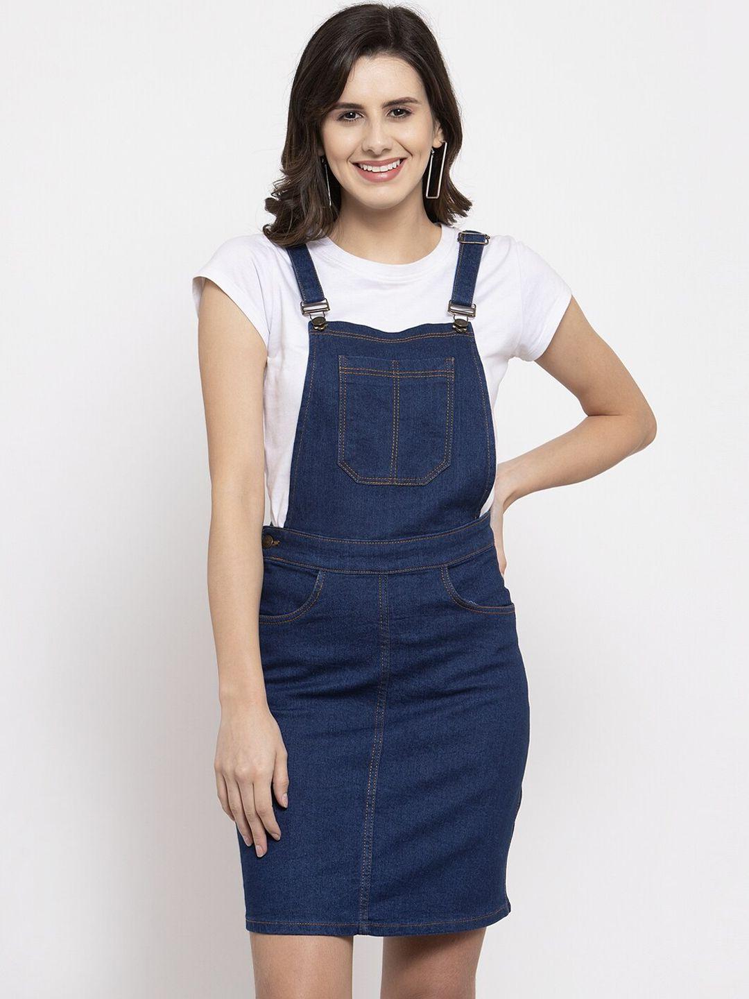 kassually women navy blue solid denim pinafore dress