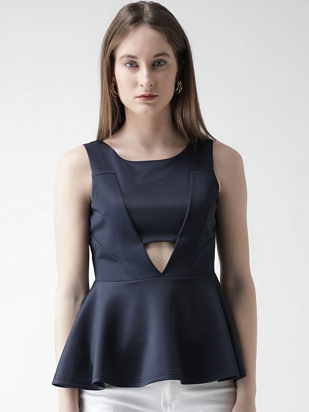 kassually women navy blue solid peplum top