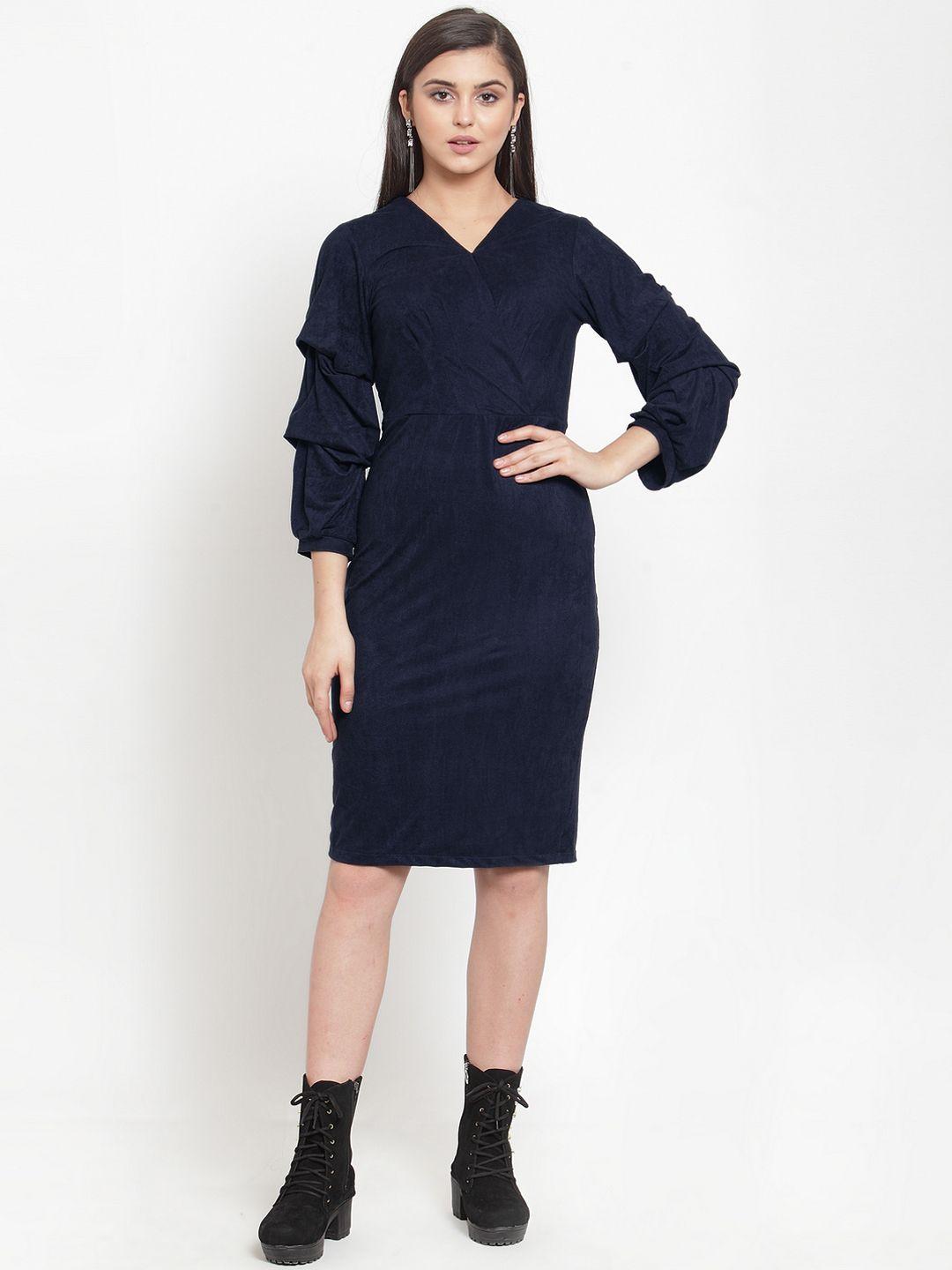kassually women navy blue solid sheath dress