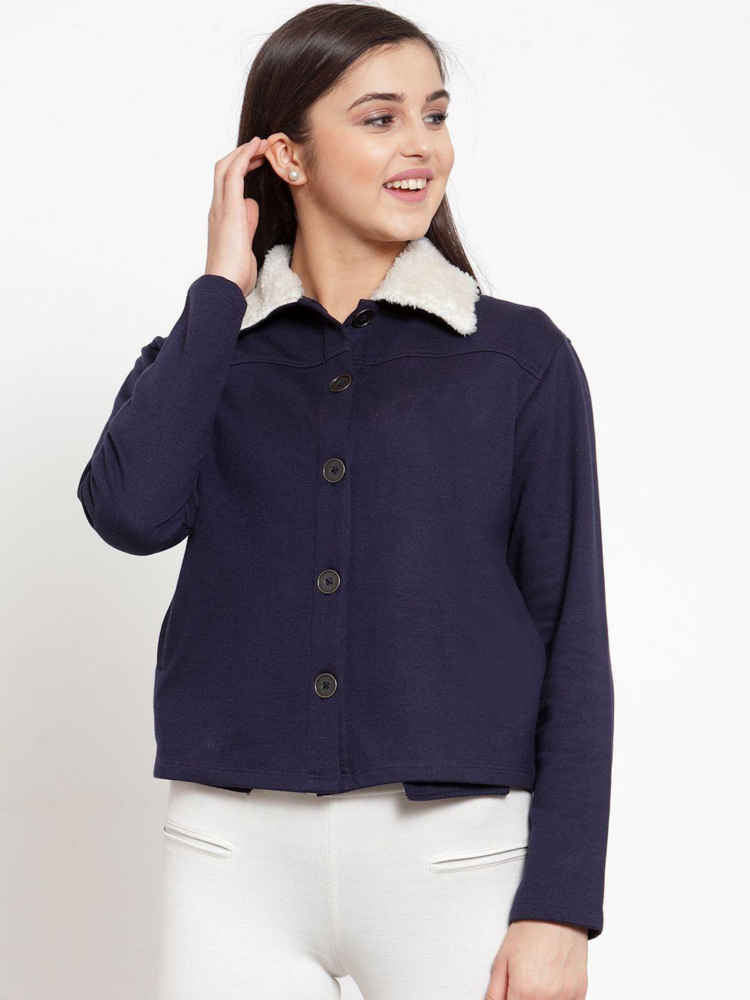 kassually women navy blue solid tailored jacket