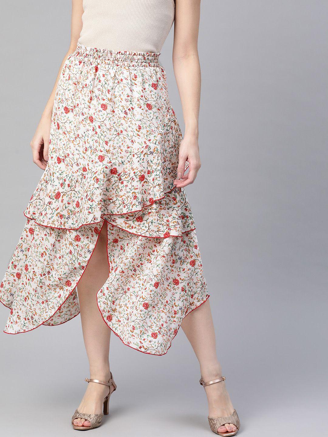 kassually women off-white & red floral printed tulip skirt