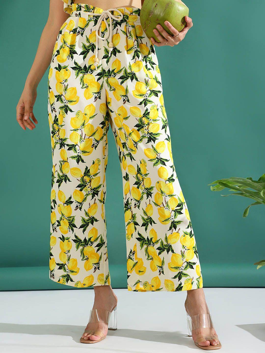 kassually women off white floral printed straight fit parallel trousers