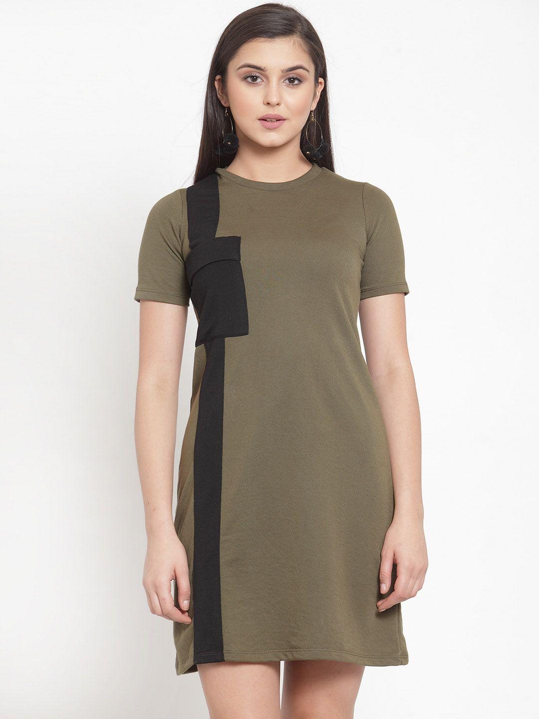 kassually women olive green & black colourblocked t-shirt dress