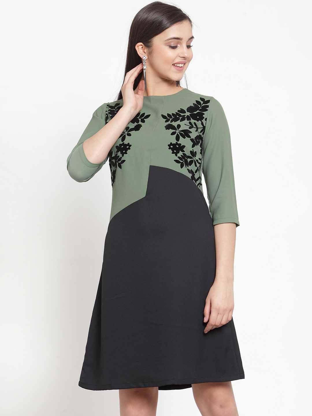 kassually women olive green floral printed fit and flare dress