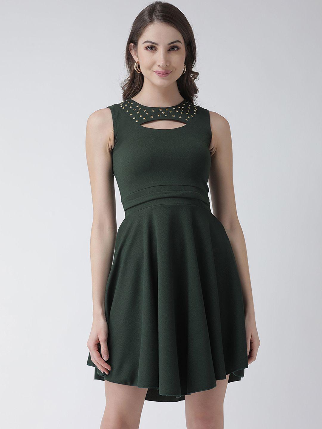 kassually women olive green solid fit and flare dress