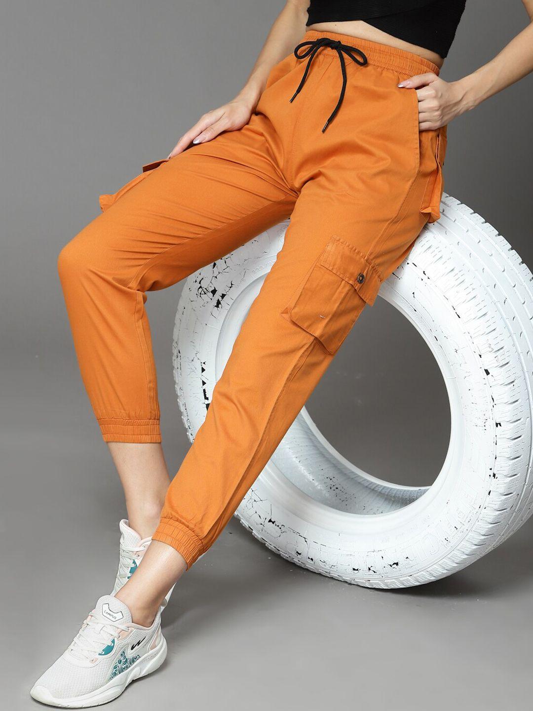 kassually women orange comfort easy wash joggers cotton trousers