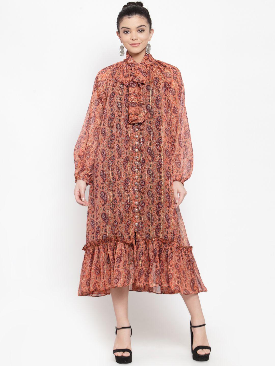 kassually women orange printed drop-waist dress