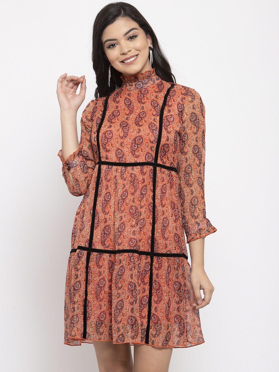 kassually women orange printed fit and flare dress