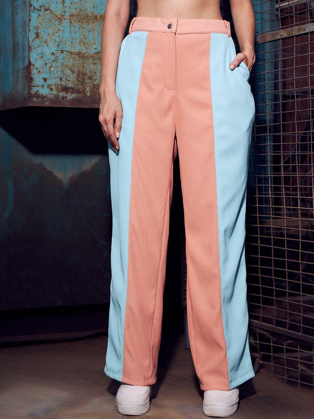 kassually women peach & blue colourblocked parallel trousers