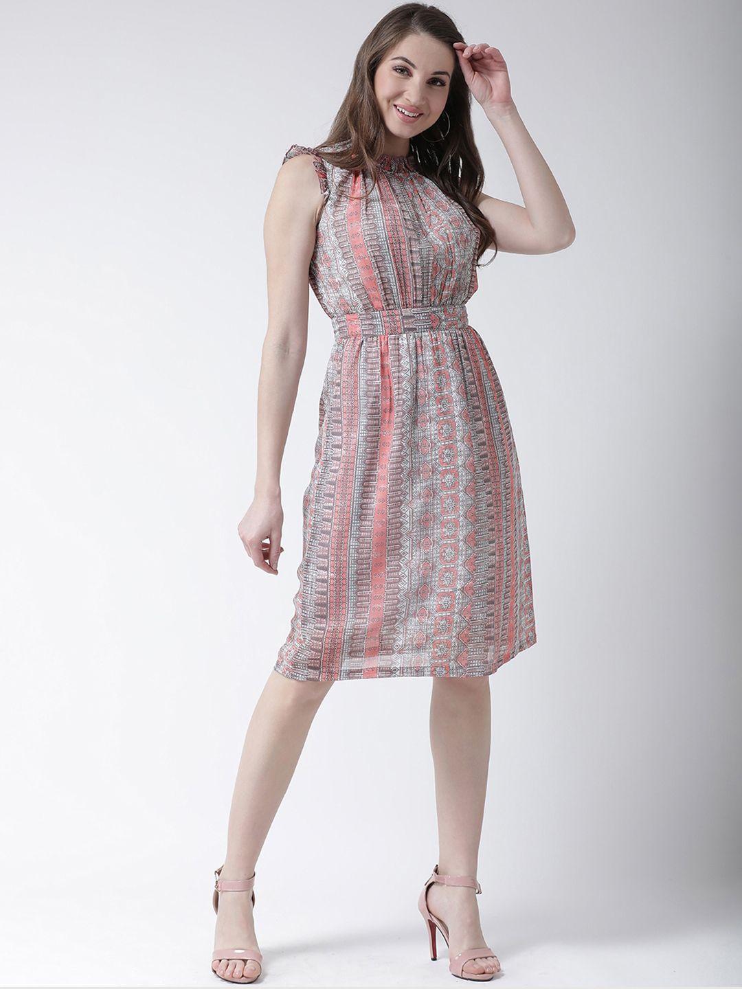 kassually women peach-coloured & grey printed fit and flare dress
