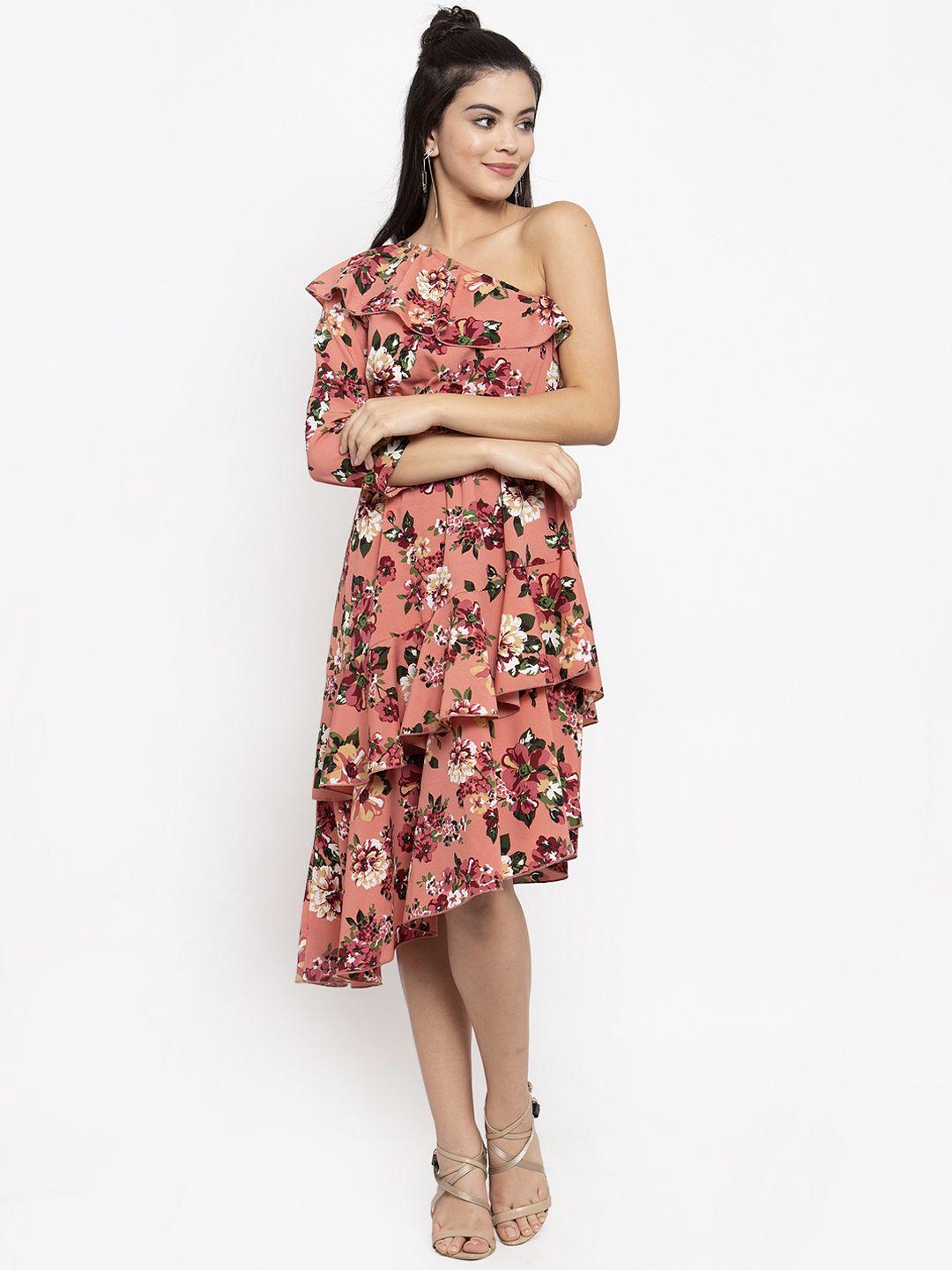 kassually women peach-coloured printed fit and flare dress