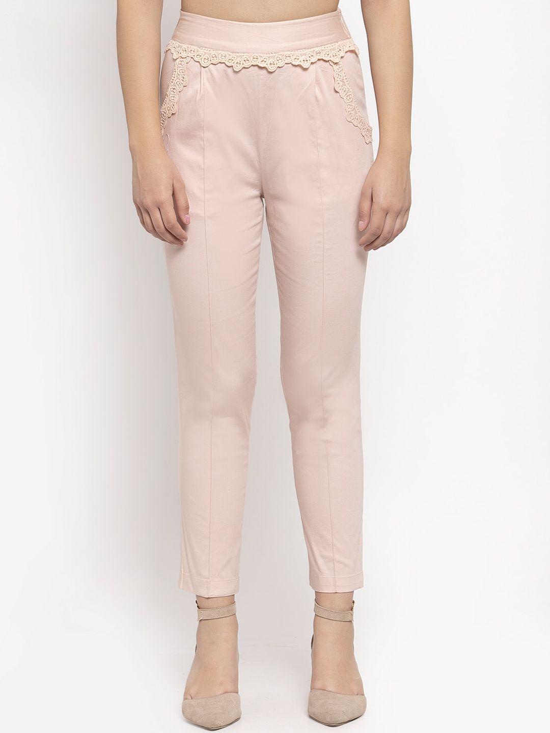 kassually women peach-coloured solid regular trousers