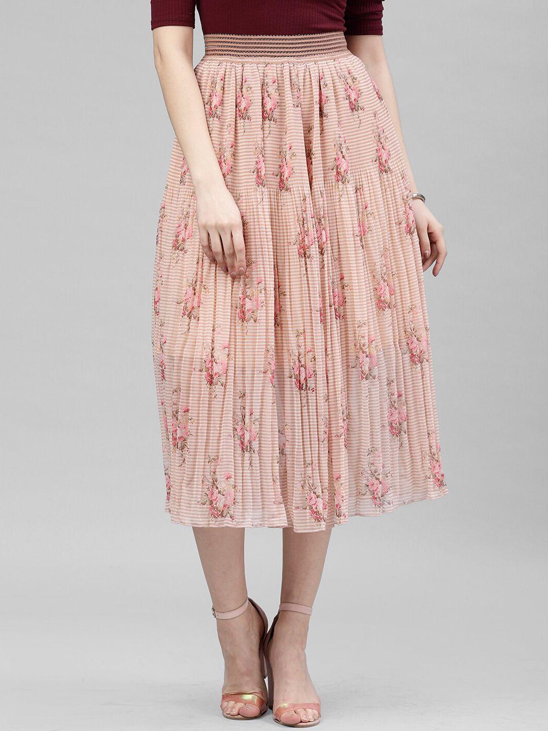 kassually women pink & beige printed pleated a-line midi skirt