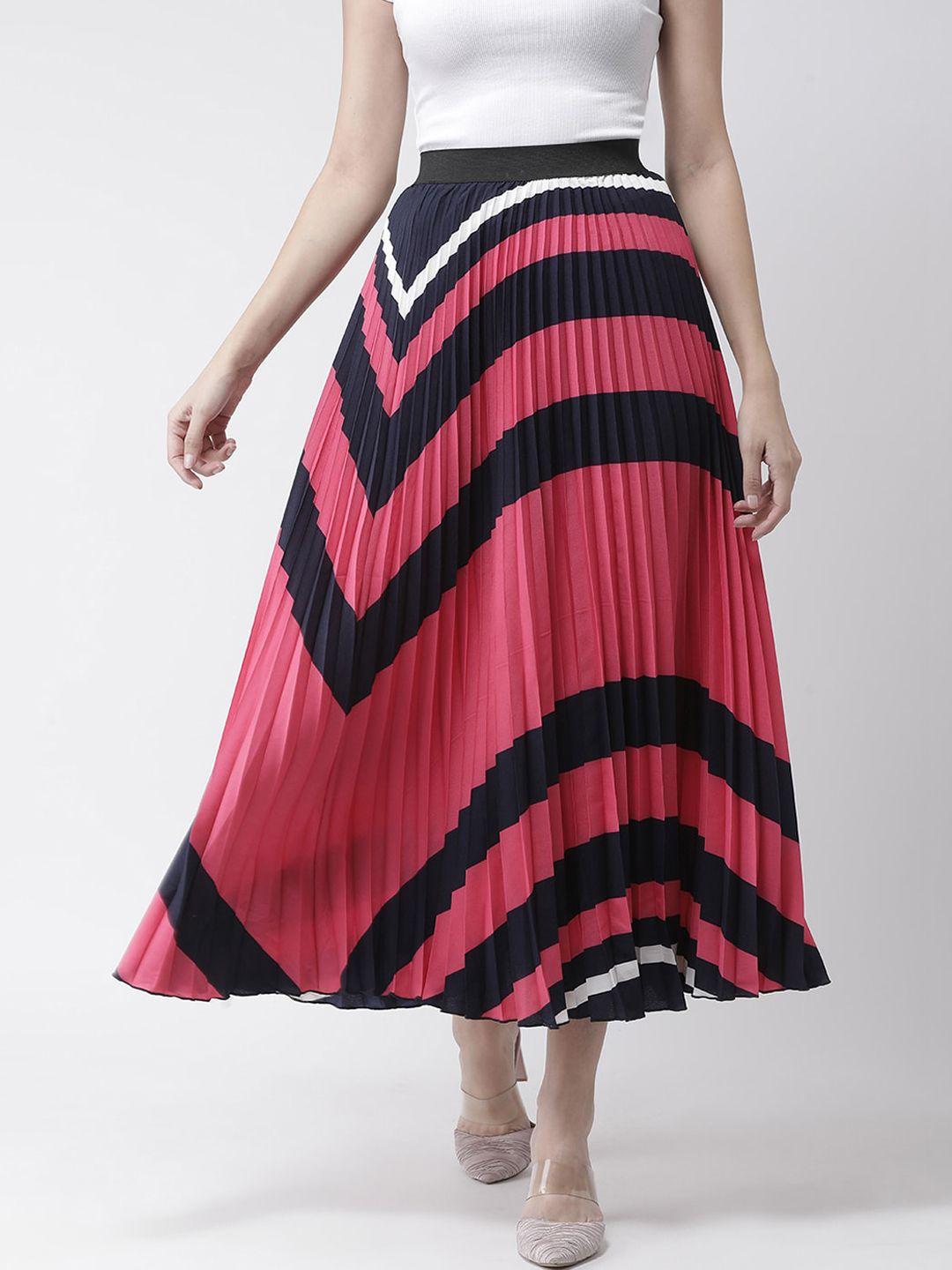 kassually women pink & black colourblocked pleated a-line skirt