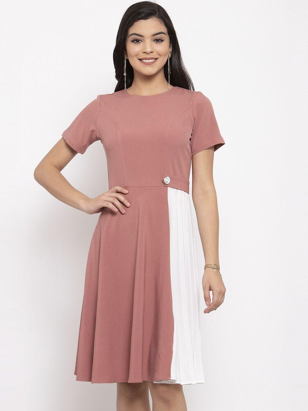 kassually women pink colourblocked fit and flare dress