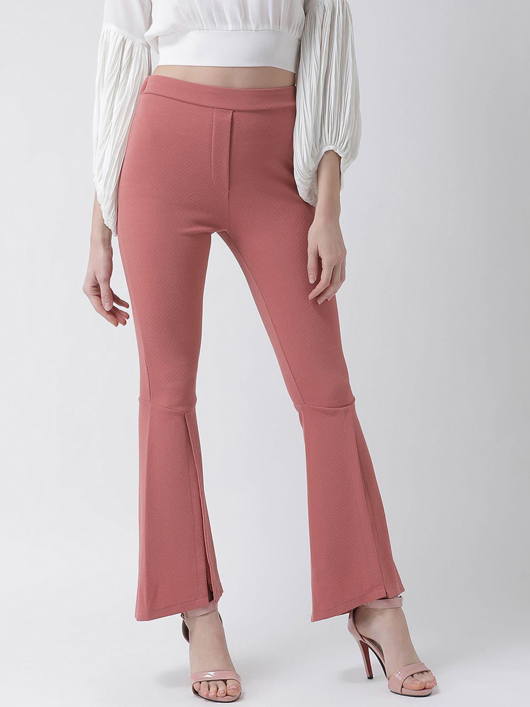 kassually women pink regular fit solid bootcut trousers