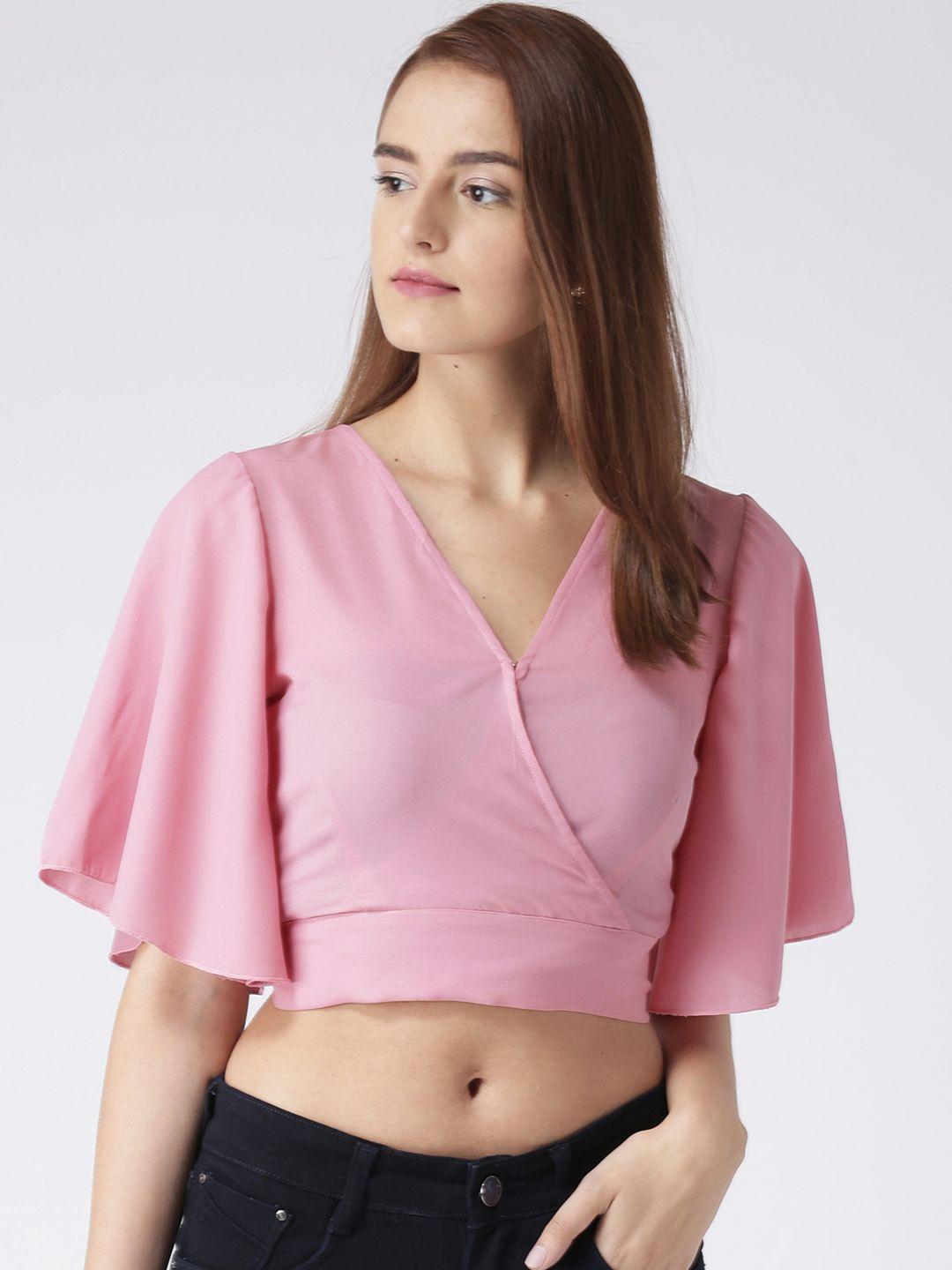 kassually women pink solid crop top with smocked back