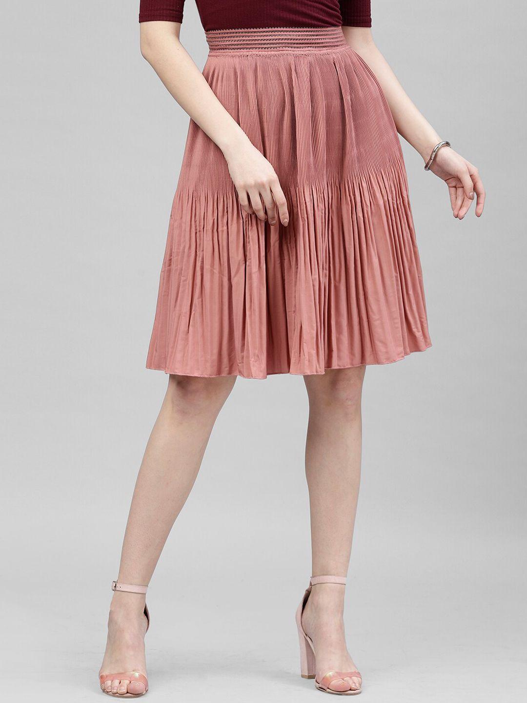 kassually women pink solid pleated a-line skirt