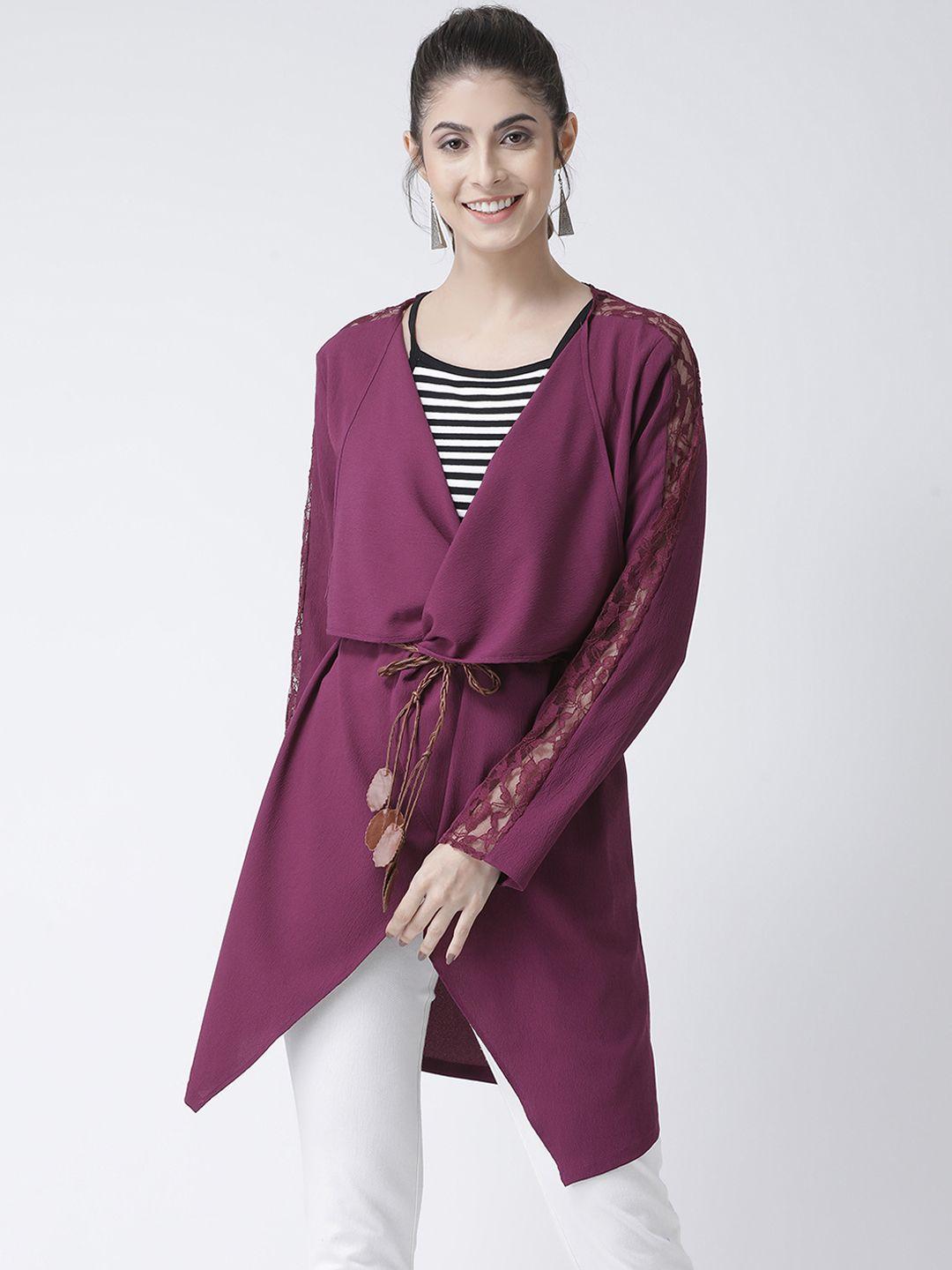 kassually women purple solid tie-up longline shrug