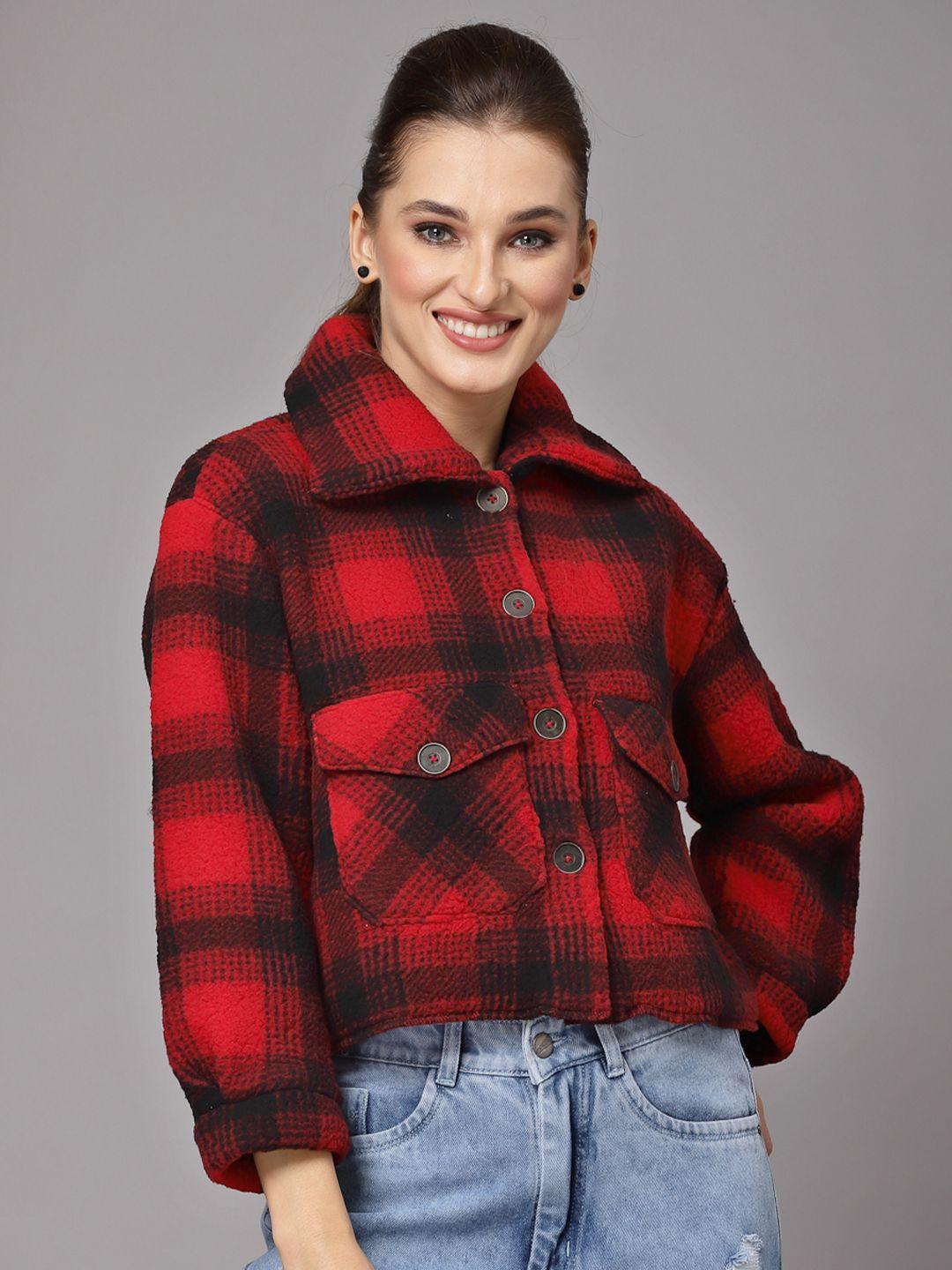 kassually women red & black checked faux fur crop tailored jacket