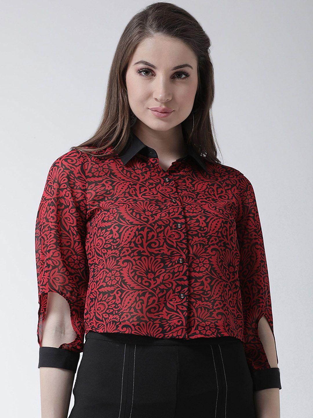 kassually women red & black regular fit printed casual shirt