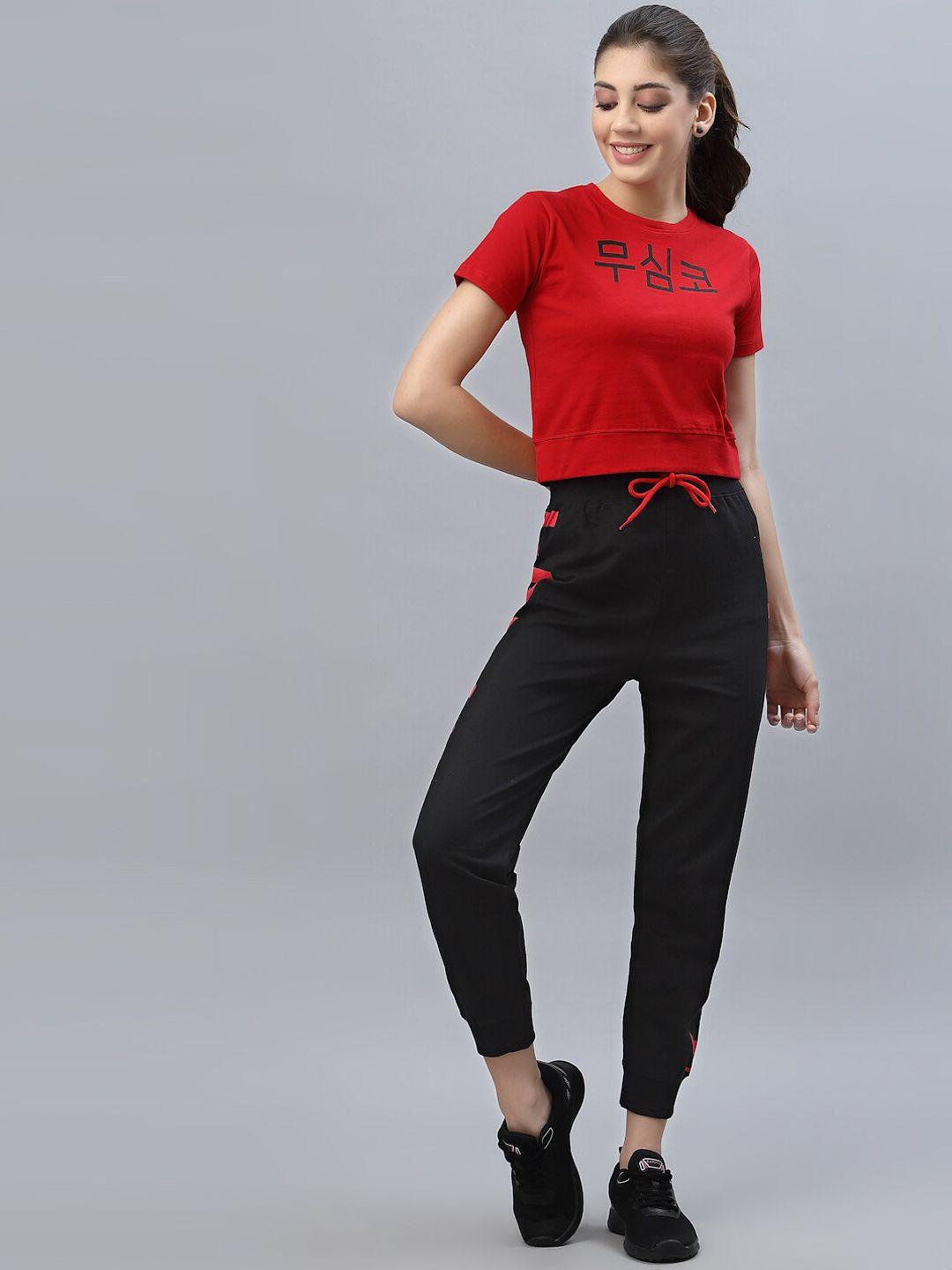 kassually women red & black solid pure cotton tracksuits