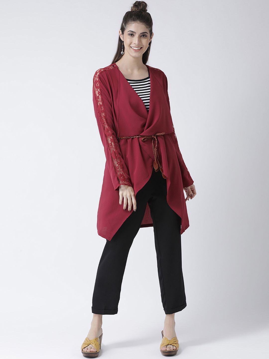 kassually women red solid tie-up longline shrug