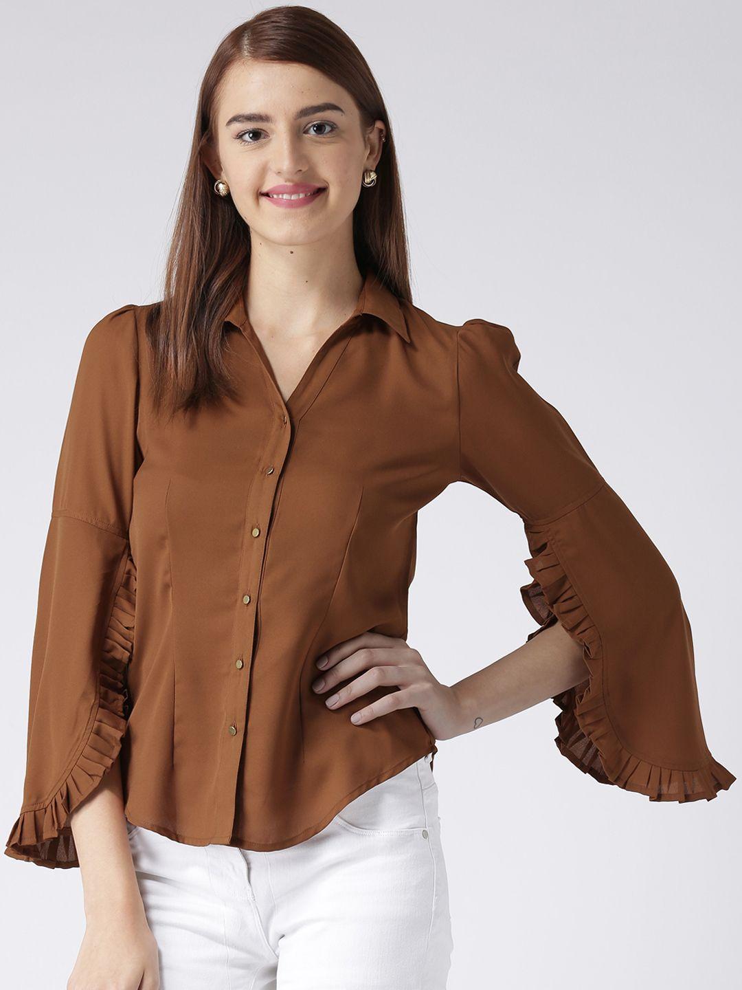 kassually women rust brown comfort regular fit solid bell sleeved casual shirt