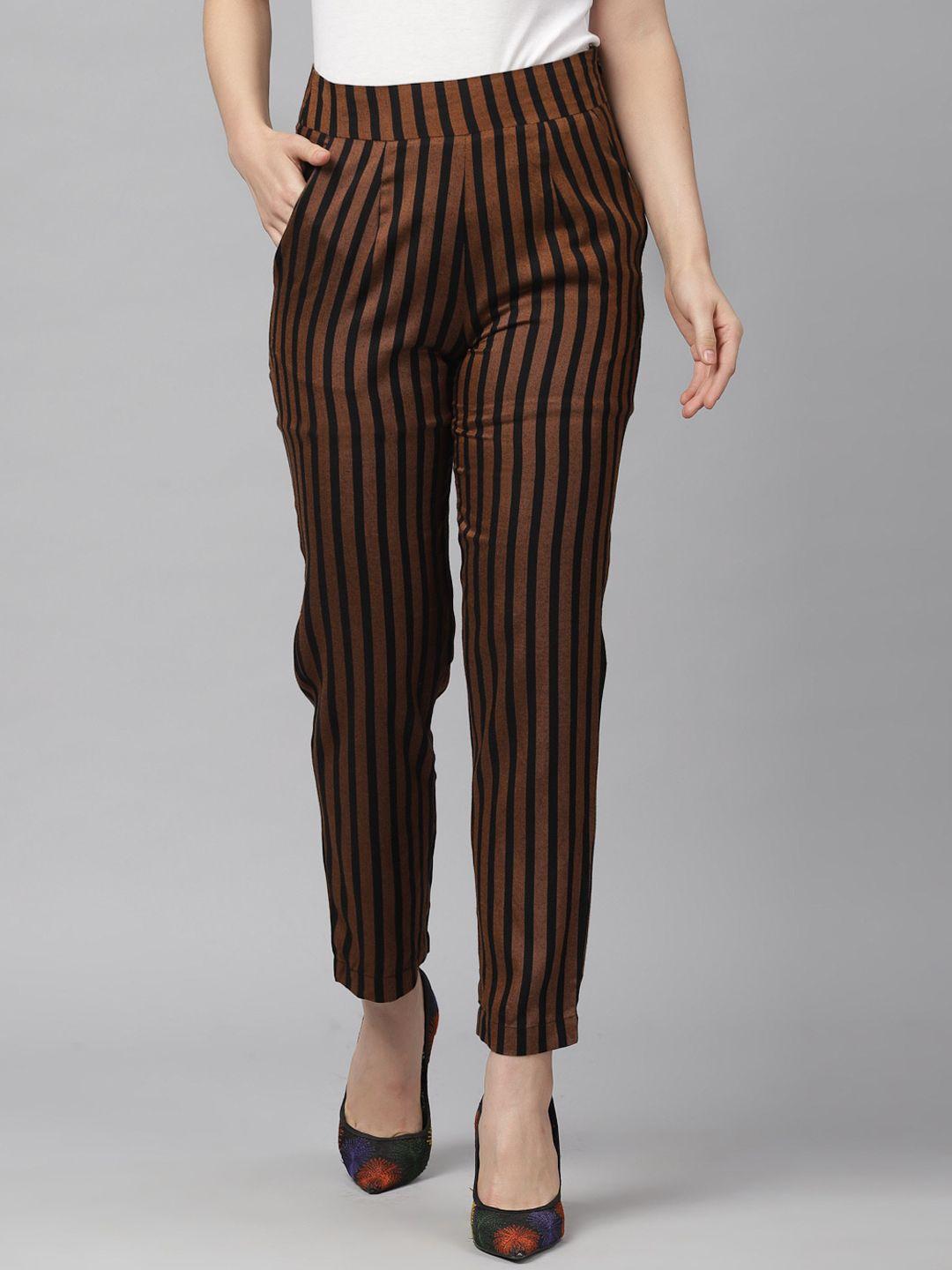 kassually women rust orange & black straight fit striped regular trousers