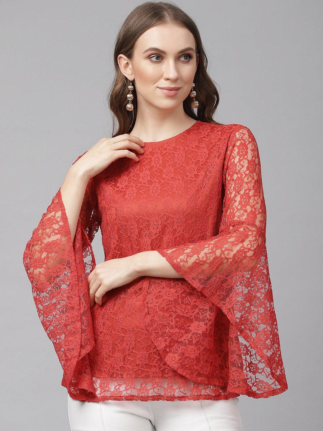 kassually women rust red self design lace top