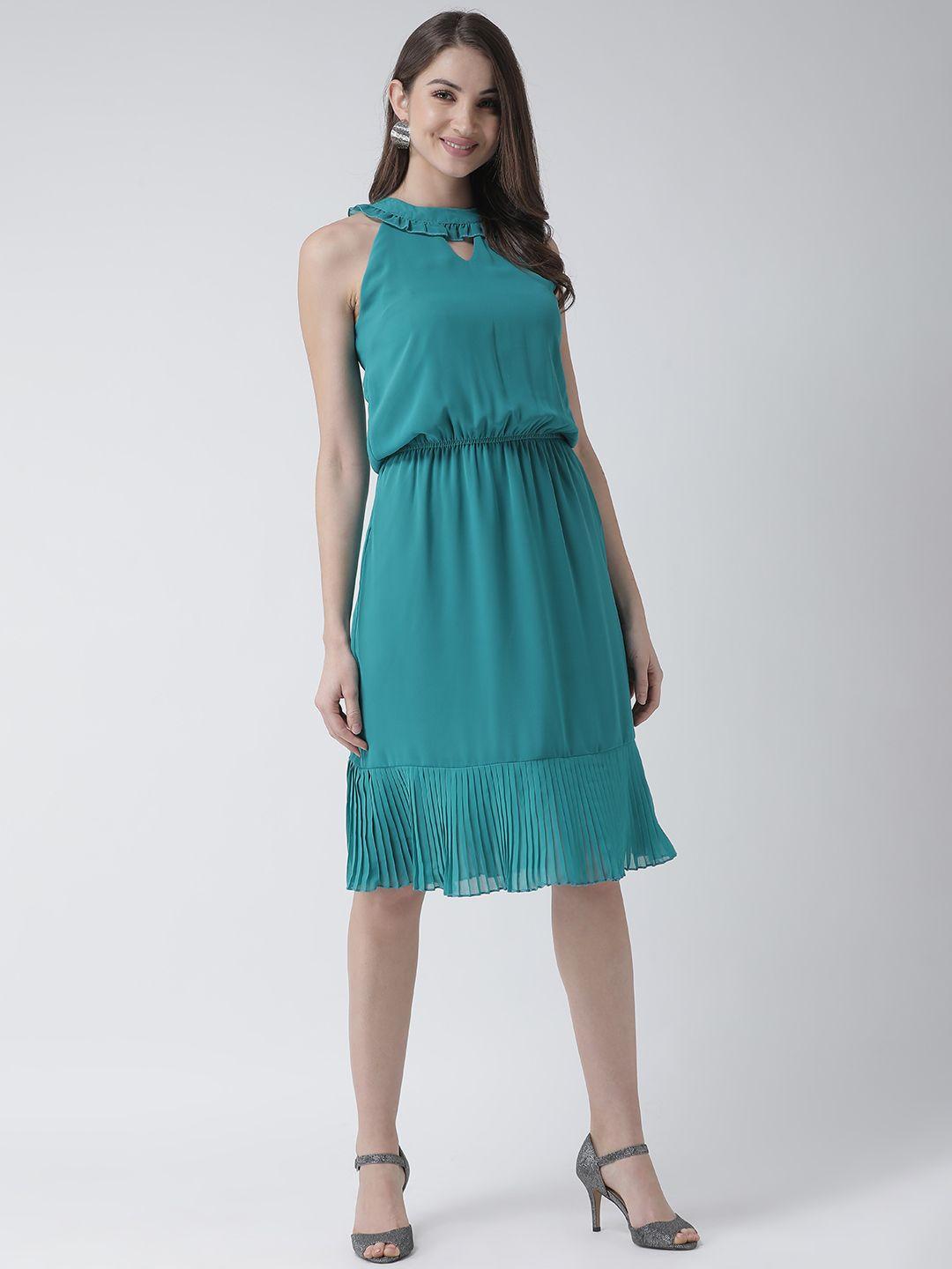 kassually women sea green solid fit and flare dress