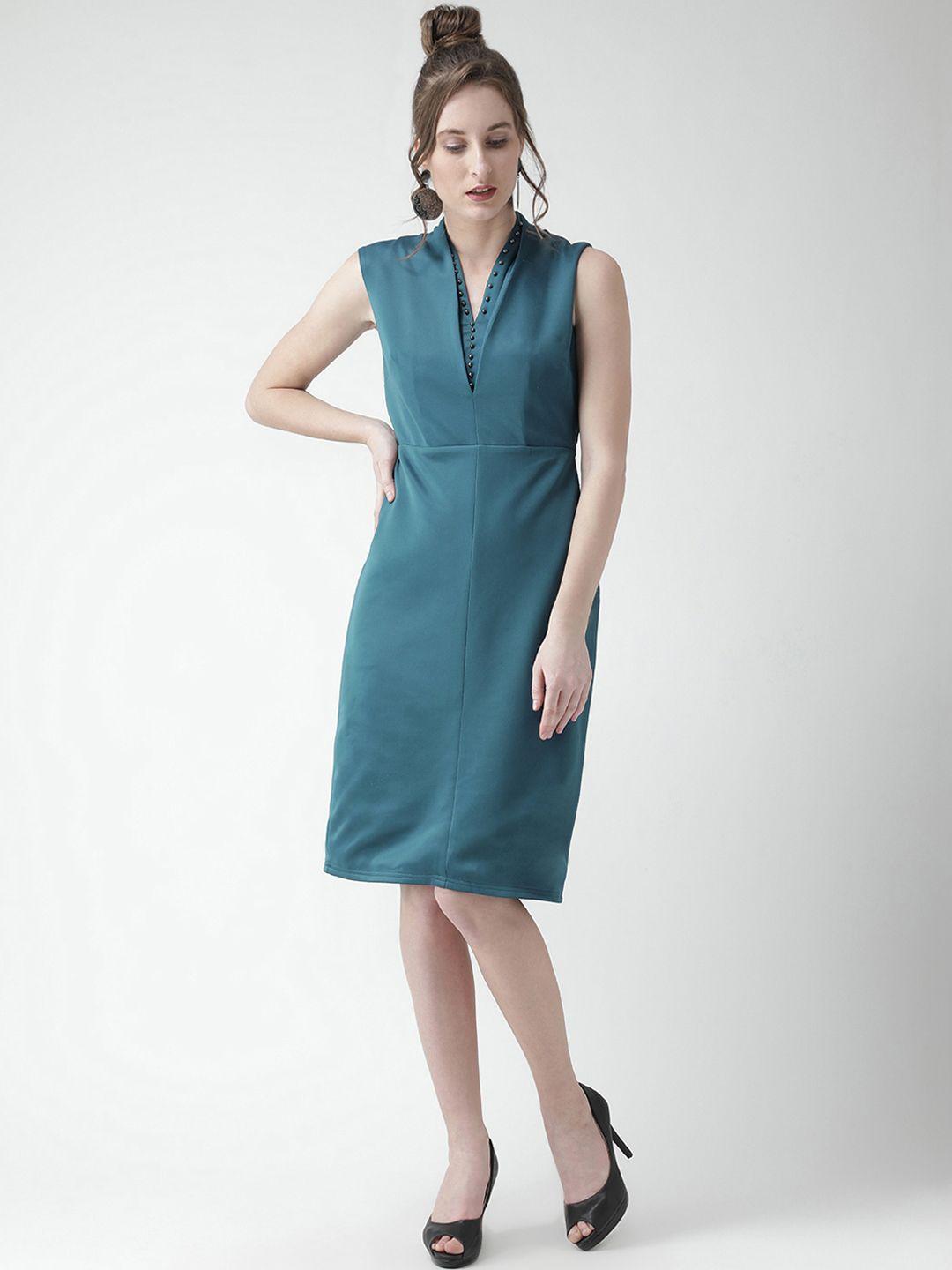 kassually women teal blue embellished detail sheath dress