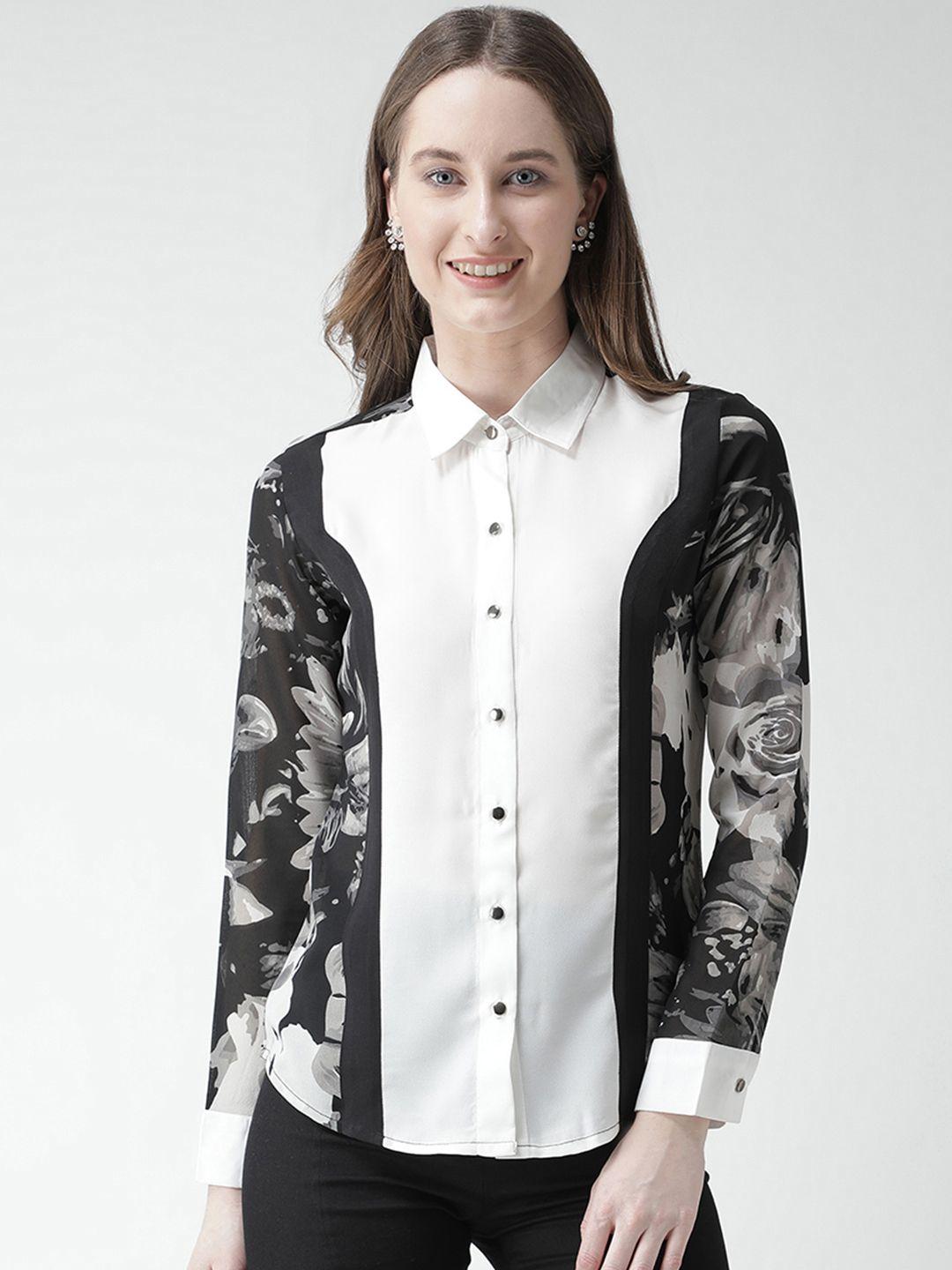 kassually women white & black regular fit printed casual shirt