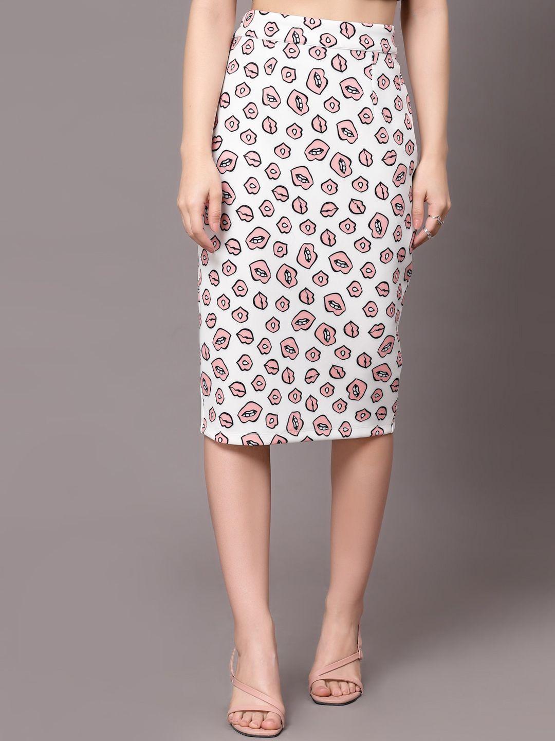 kassually women white & pink graphic printed skirts