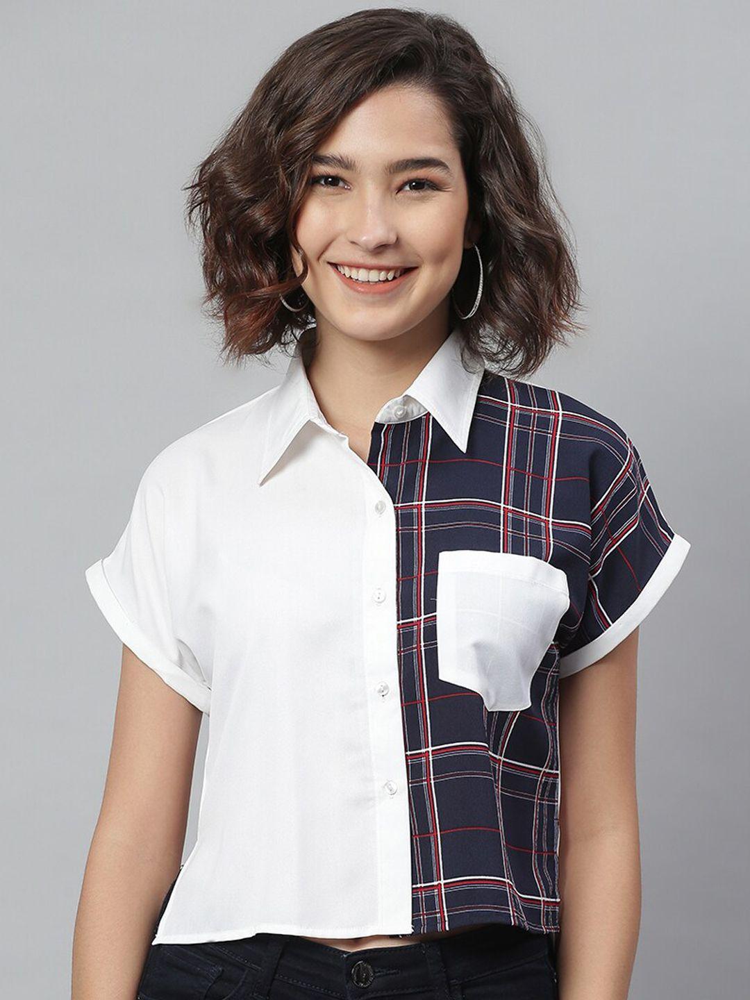 kassually women white boxy checked casual shirt