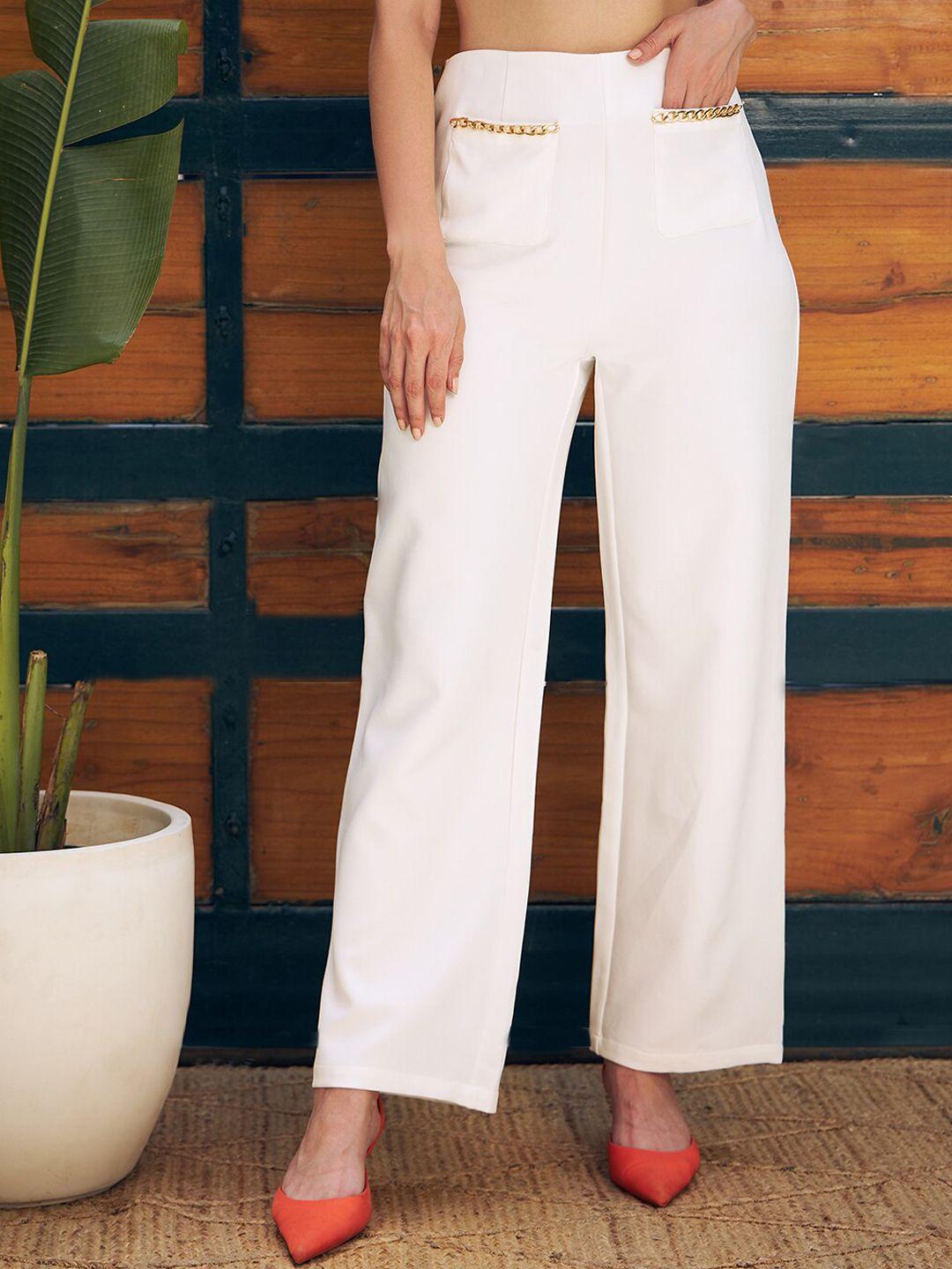kassually women white embellished parallel trousers