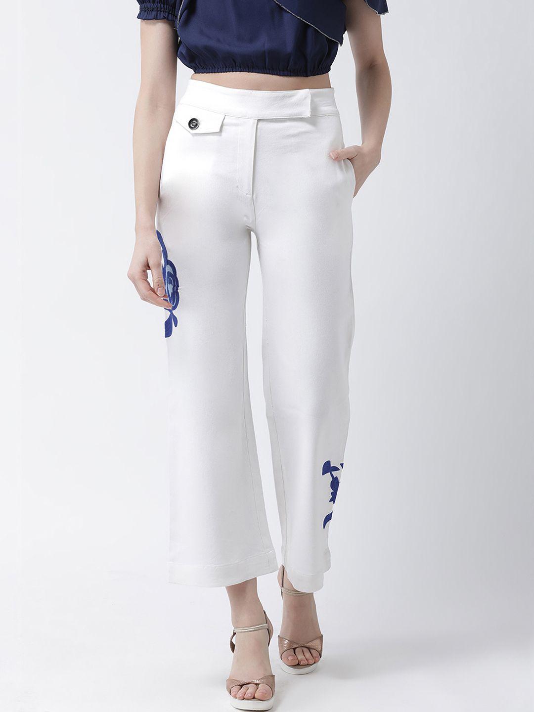 kassually women white regular fit solid parallel trousers