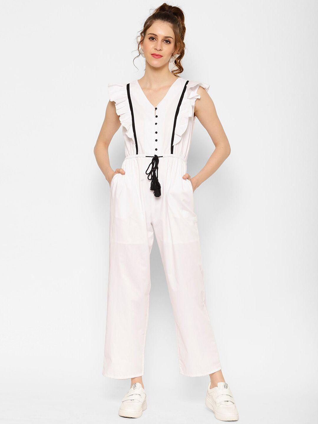 kassually women white solid cotton basic jumpsuit