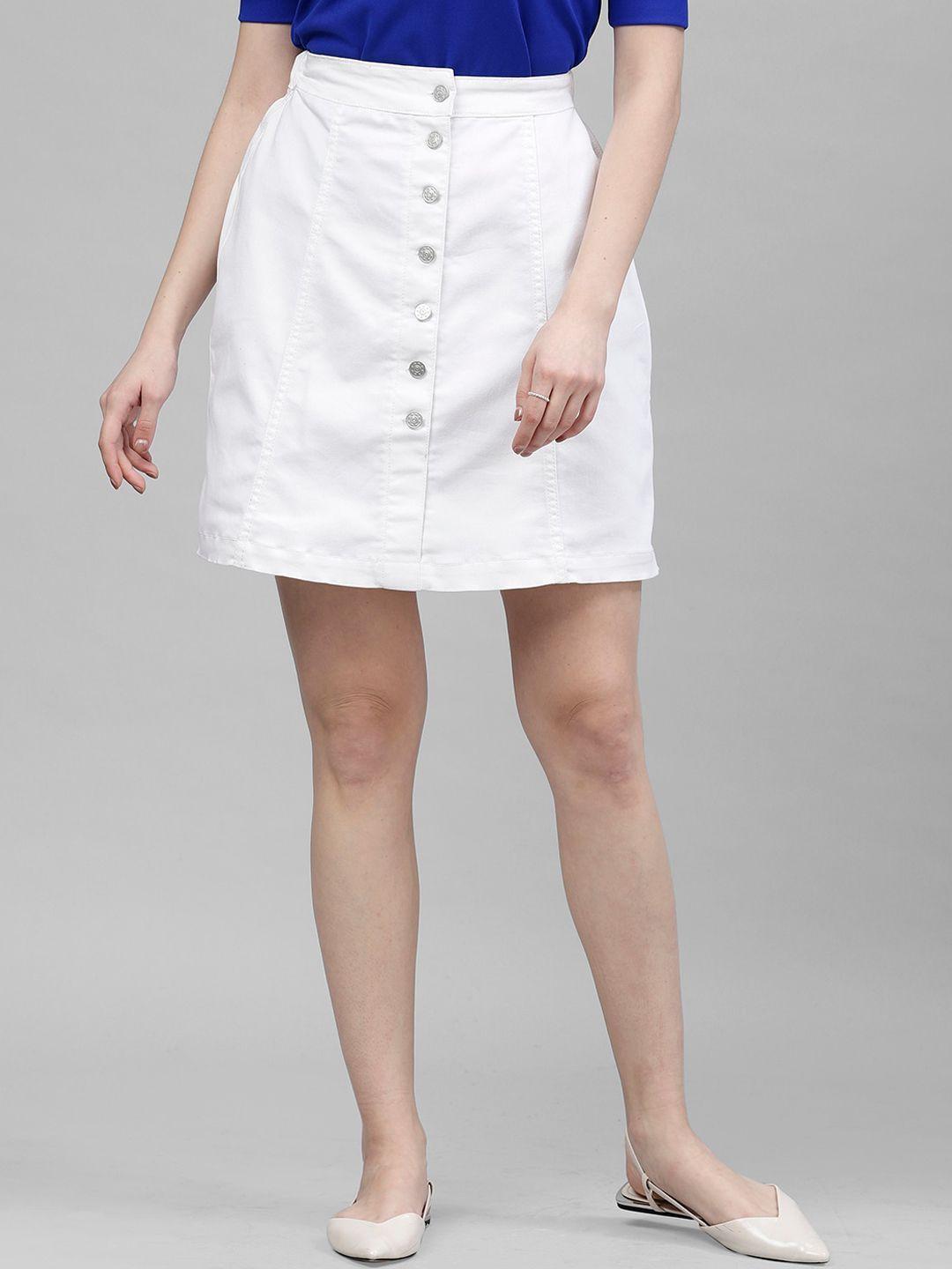 kassually women white solid washed denim a-line skirt