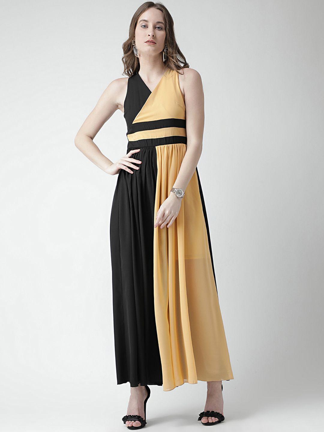 kassually women yellow & black colourblocked maxi dress
