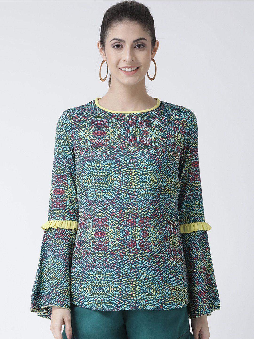 kassually women yellow & blue printed a-line top