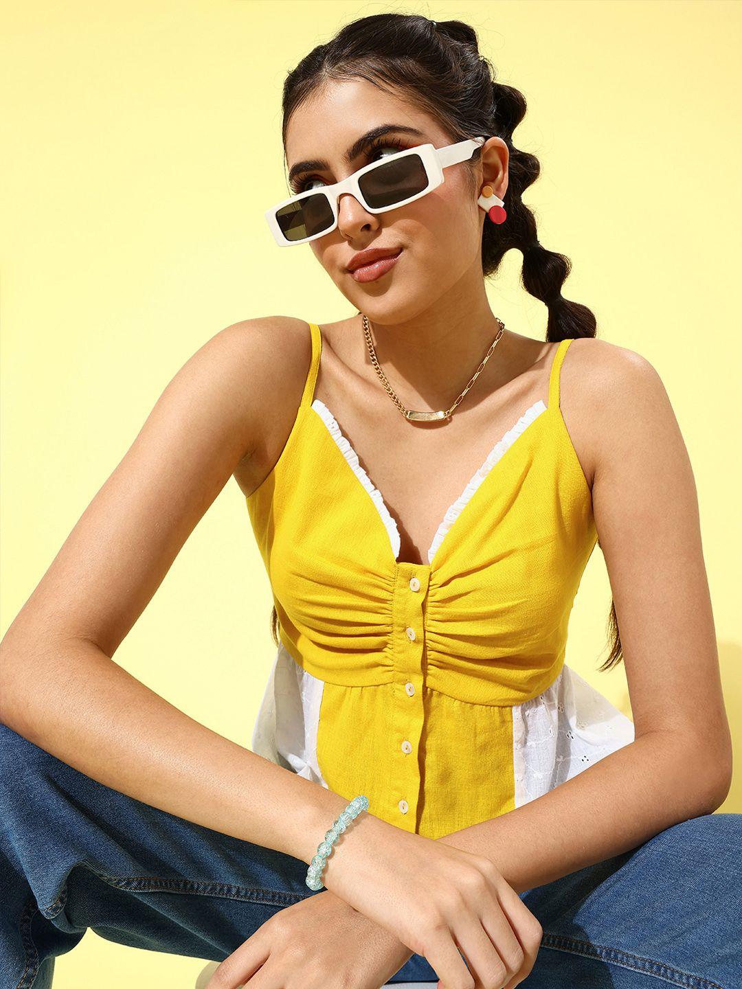 kassually women yellow & white colourblocked a-line top