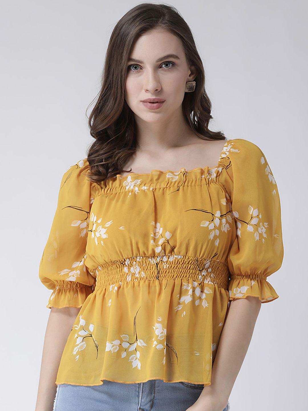 kassually women yellow & white floral print peplum top