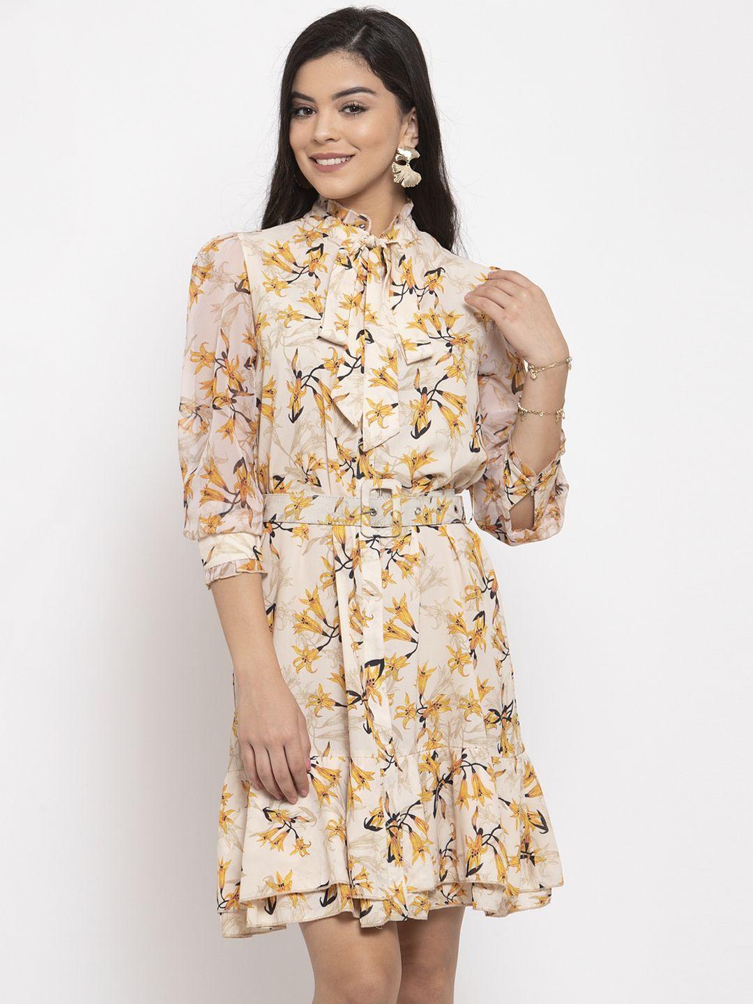 kassually women yellow floral printed fit and flare dress