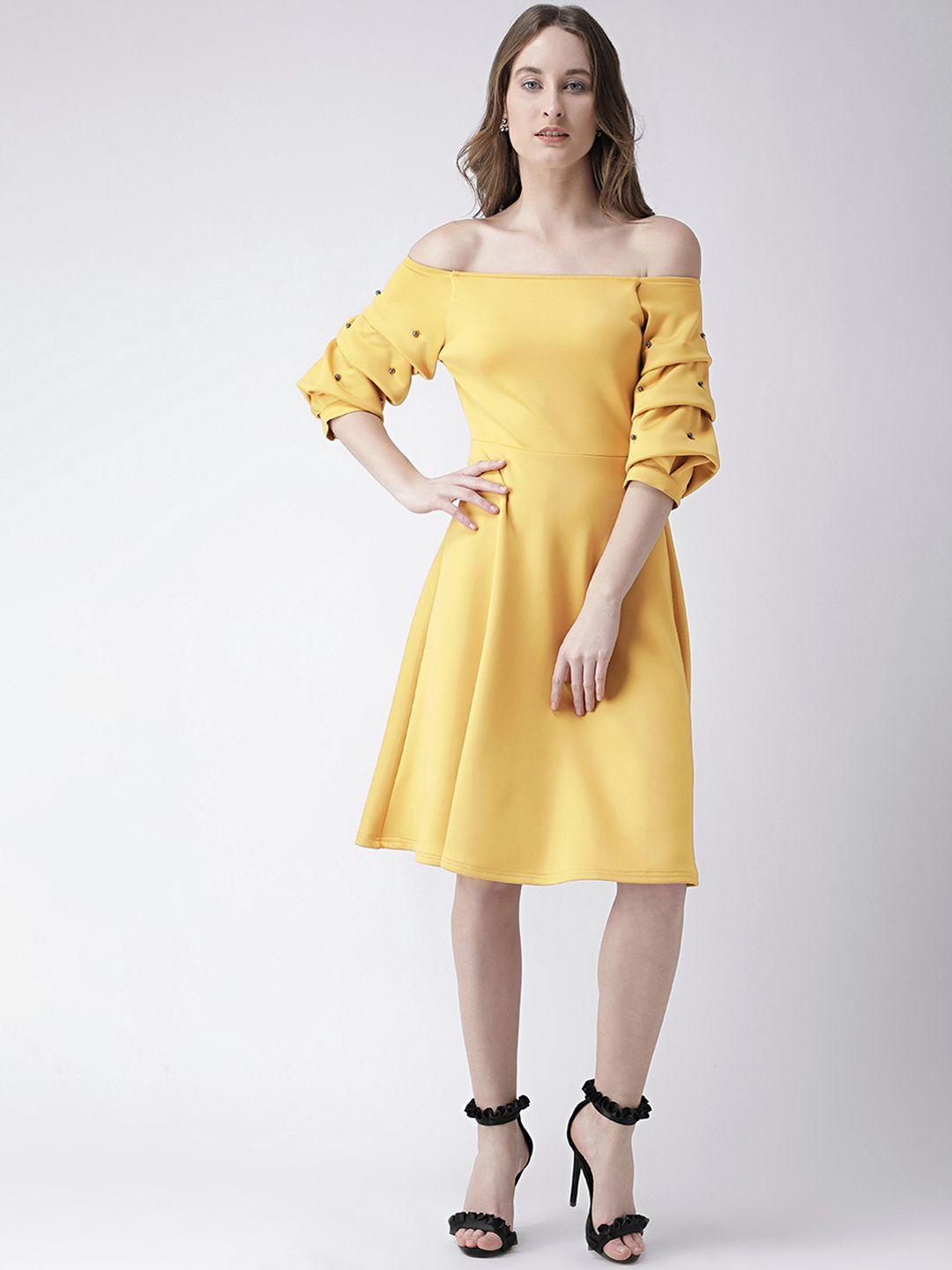 kassually women yellow gathered sleeve off-shoulder fit and flare dress