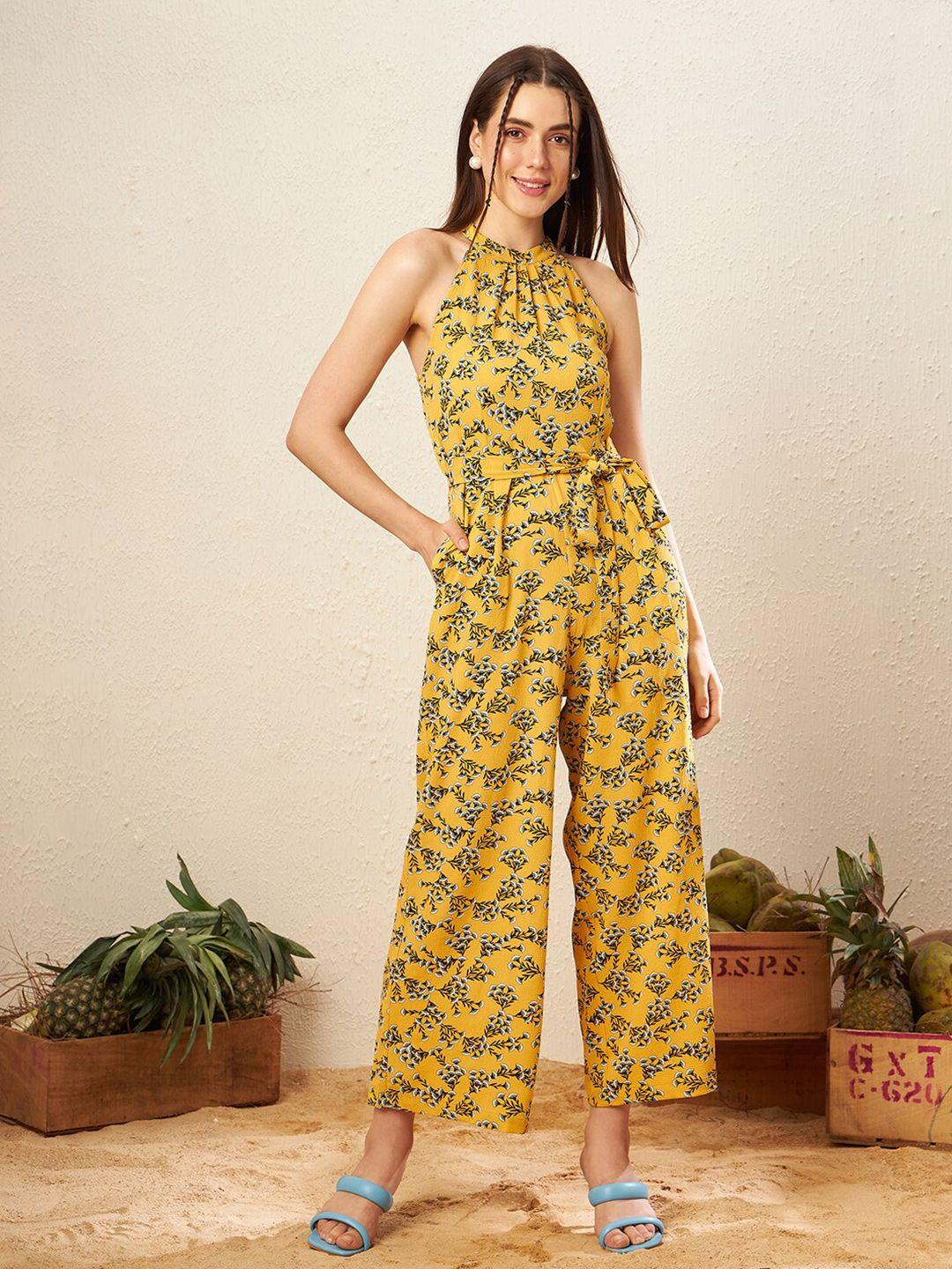 kassually yellow & green halter neck printed basic jumpsuit