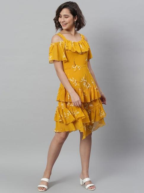 kassually yellow & white floral print a line dress