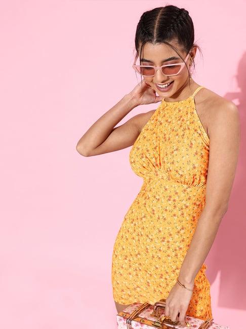 kassually yellow floral print bodycon dress