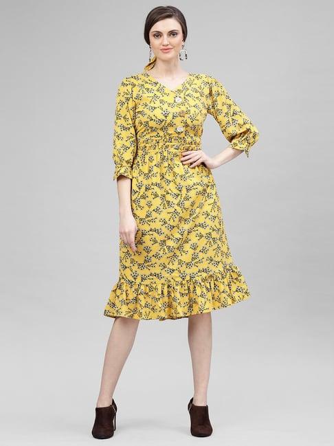 kassually yellow floral print fit & flare dress